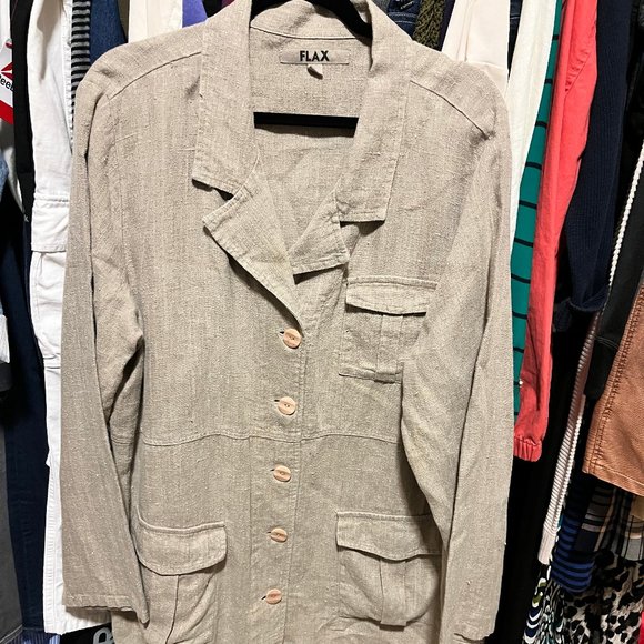 FLAX Linen Shirt Jacket Shacket Blazer Womens Size L Button Down Lagenlook Beige - Picture 1 of 4